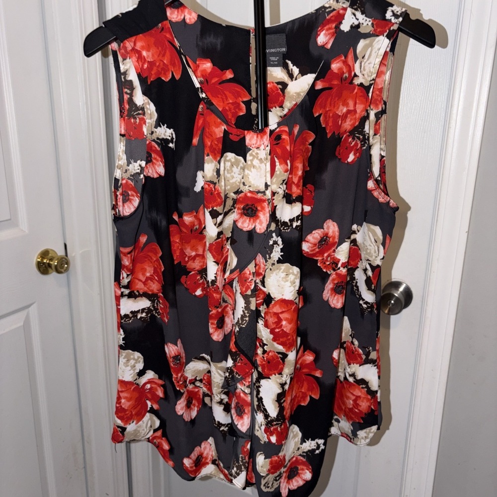 Covington‎ Red & Black Floral Ruffle Front Sleeveless Blouse XL Cottagecore Boho